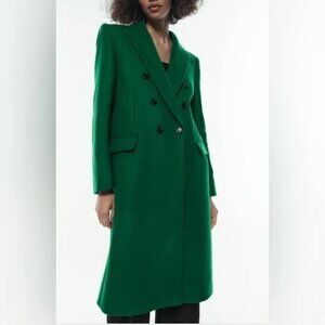 Zara Manteco Double Breasted Wool Coat Green XS